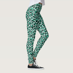Leggings à Imprimé Léopard Bleu Canard et Noir