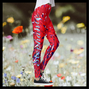 Leggings Abrégé sur blanc rouge bleu, nom personnalisé