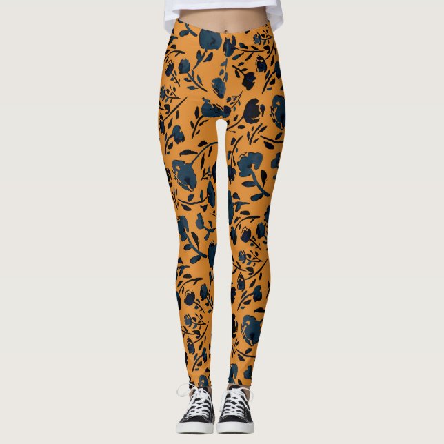 Leggings Abstrait moutarde florale et jambières chic bleues (Devant)