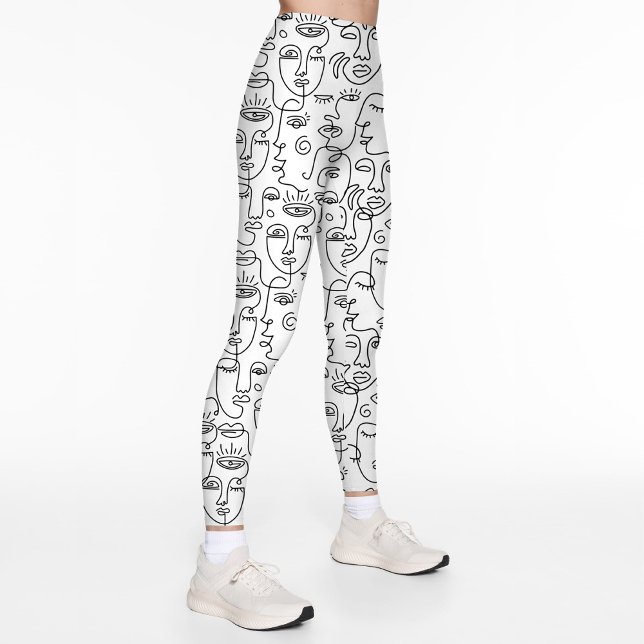 Leggings Abstrait  noir blanc ligne de visage Motif (Modern abstract black and white face line pattern design printed leggings.)