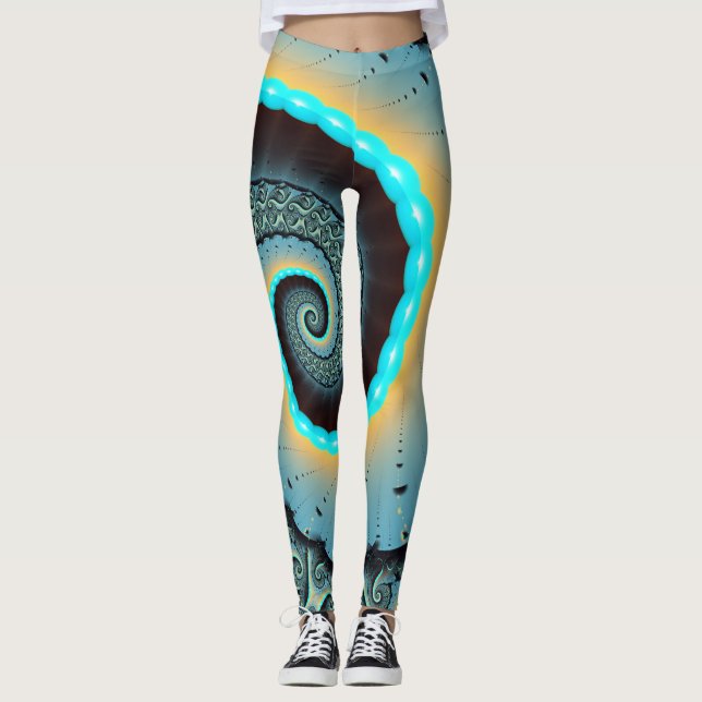 Leggings Abstraite spirale d'art fractal bleu turquoise ora (Devant)