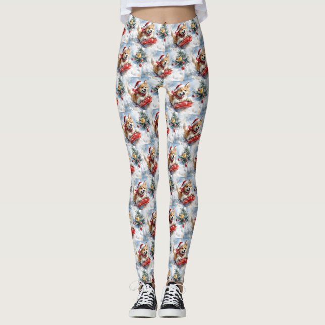 Leggings Akita Dog in Sledge Let it Snow Christmas (Devant)
