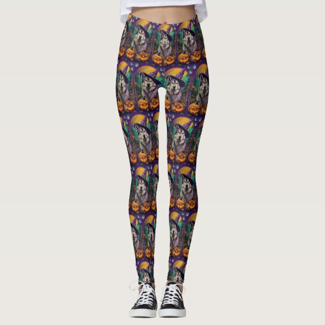 Leggings Alaskan Malamute Halloween sorcière et Citrouille (Devant)