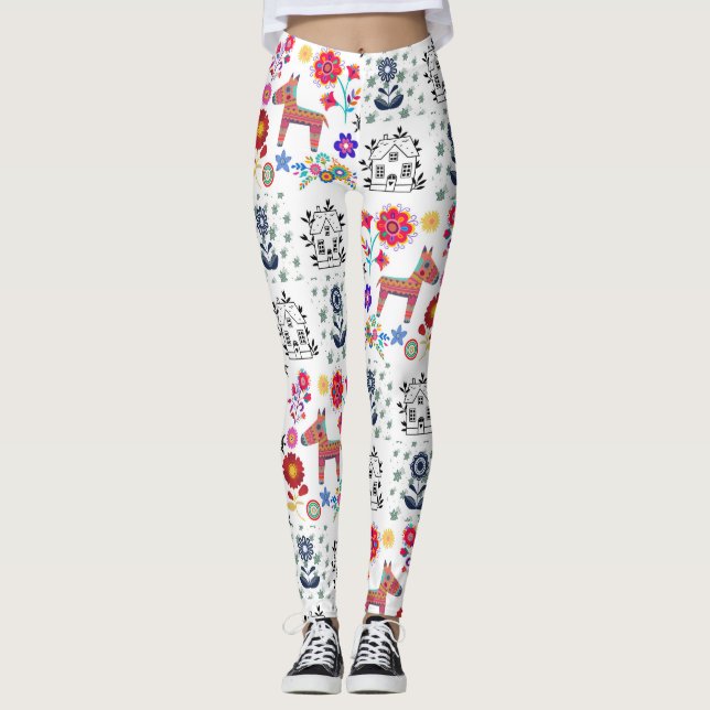 Leggings Alpaca Pinata avec Maison Bleue et Légendes Fleurs (Devant)