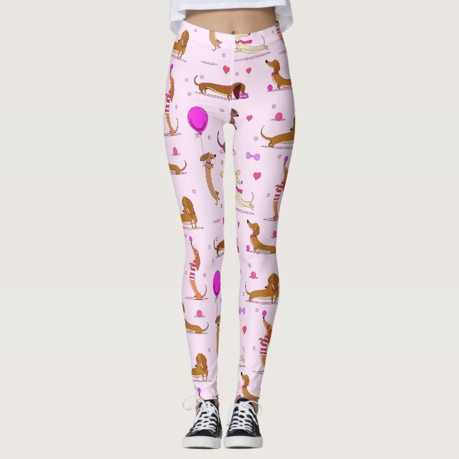 Leggings Amateurs de Dachshund ! Doxies et Coeurs sur rose (Devant)