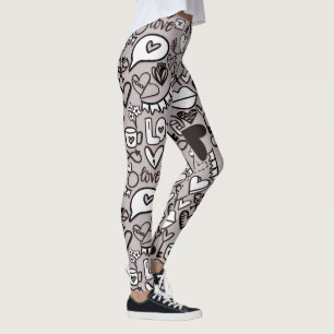 Leggings Amour Amoureux Coeurs Lèvres Doodle Style Comique 