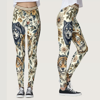 Leggings Animaux sauvages vintages et motifs floraux sur bl