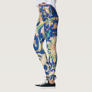 Leggings Antique Floral Oriental Motif Deep Royal Blue