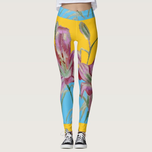 Leggings Aquarelle à fleurs rose Lillies (Devant)