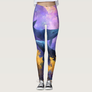 Leggings Aquarelle Baleines Jardin Océan Abstrait