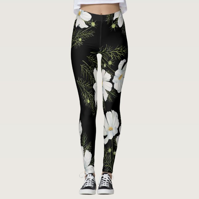 Leggings Aquarelle Blanc Cosmos Fleurs Peinture Botanique (Devant)