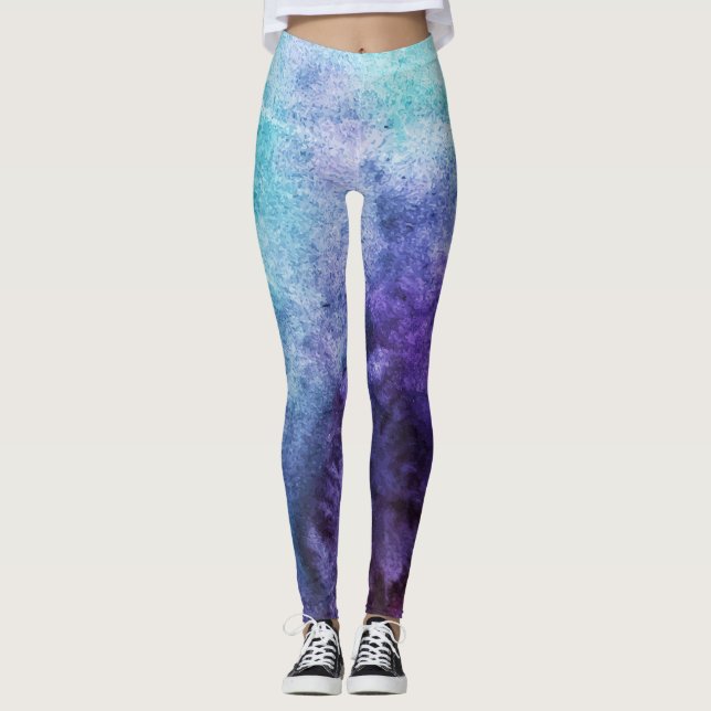 Leggings Aquarelle bleue turquoise et violette (Devant)