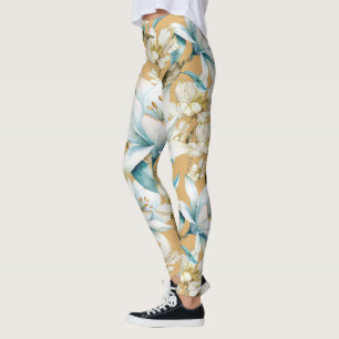 Leggings Aquarelle botanique bleu blanc lily floral