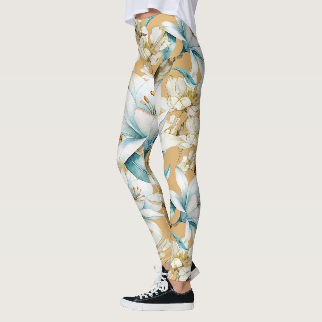Leggings Aquarelle botanique bleu blanc lily floral (Gauche)