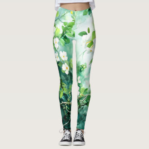 Leggings Aquarelle botanique Fleurs blanches Feuilles verte