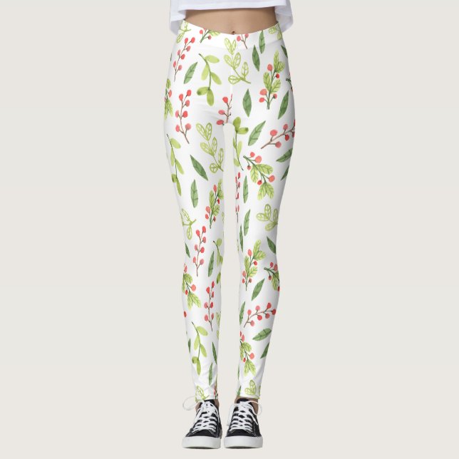 Leggings Aquarelle brillante Mistletoe Motif de Noël (Devant)