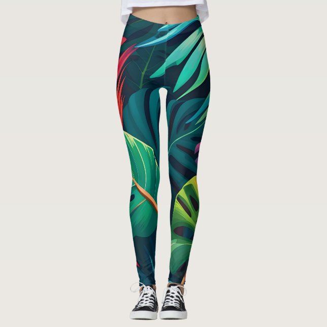 Leggings Aquarelle de feuillage tropical Paradis (Devant)