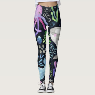 Leggings Aquarelle de la vie marine, arrière - plan foncé.
