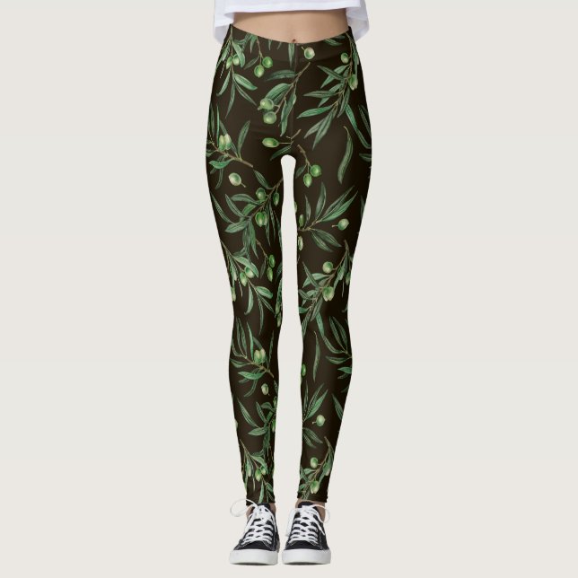 Leggings Aquarelle des branches d'olive en noir (Devant)