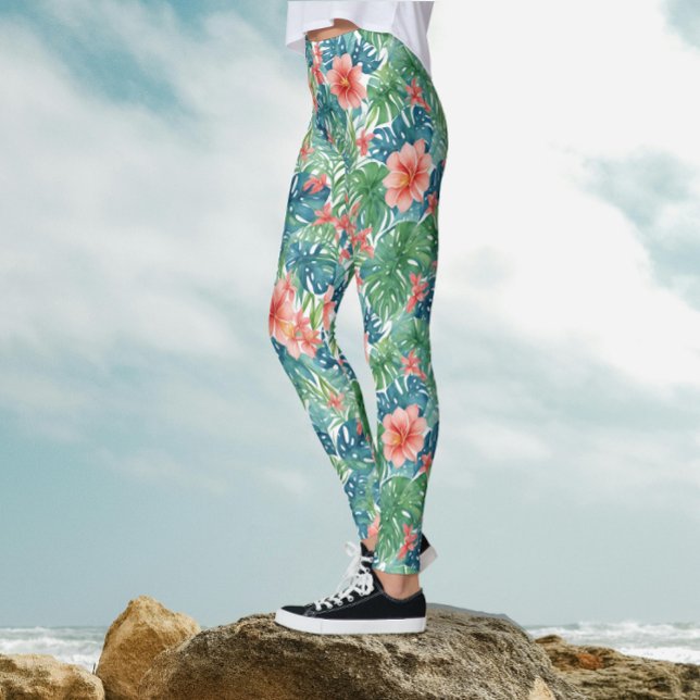 Leggings Aquarelle exotique Tropicale Rouge Hibiscus Hawaïe (Créateur téléchargé)
