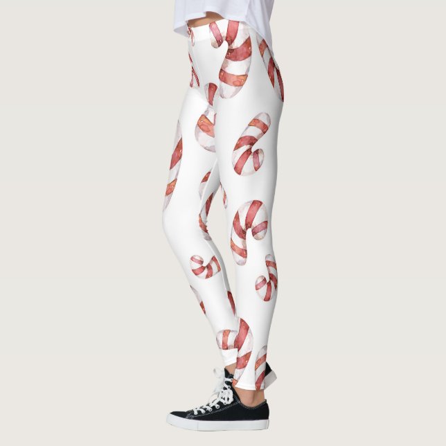 Leggings Aquarelle Festive Noël Rouge Sucre de canne blanc (Gauche)