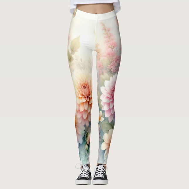 Leggings Aquarelle Fleurs et coquillages sur la plage (Devant)