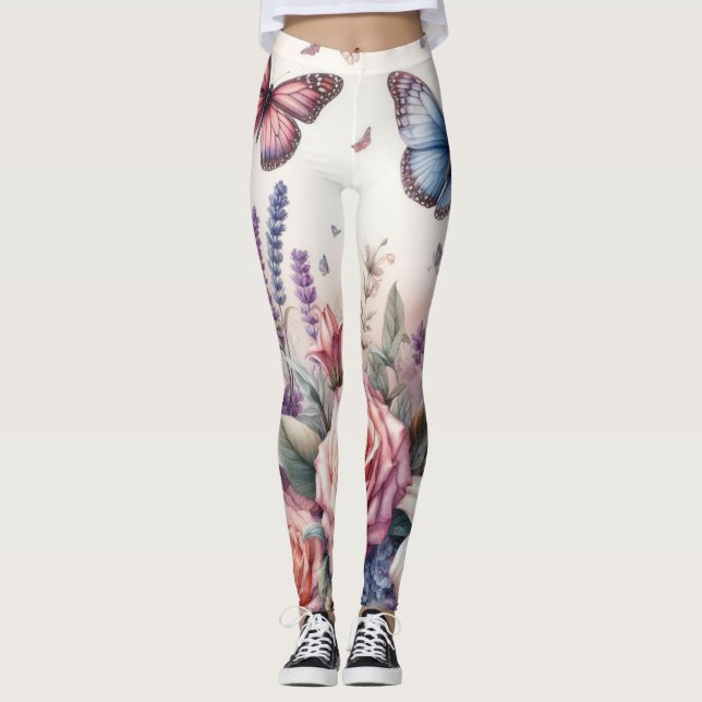 Leggings Aquarelle Fleurs et coquillages sur la plage (Devant)