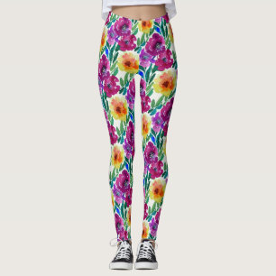 Leggings Aquarelle Fleurs Maroon et Jaune