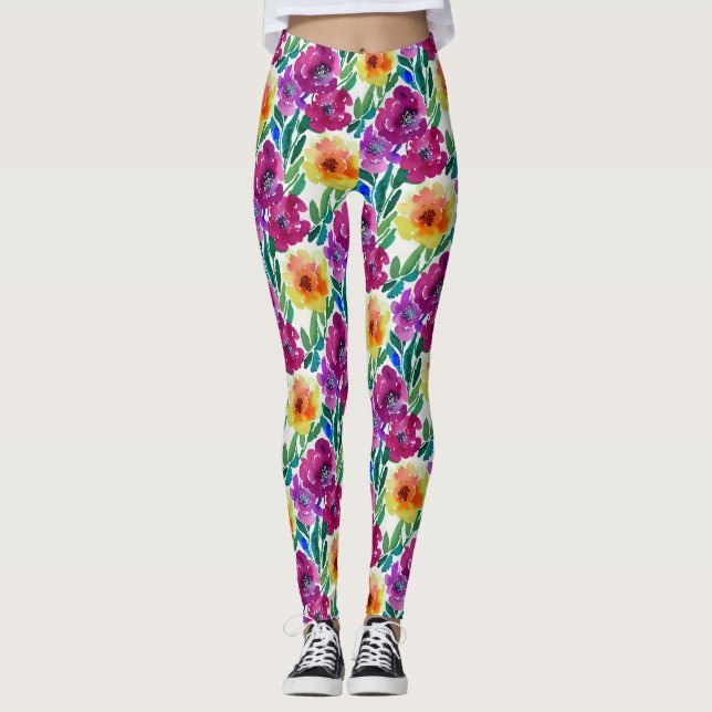 Leggings Aquarelle Fleurs Maroon et Jaune (Devant)