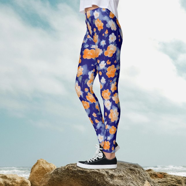 Leggings Aquarelle Florale Bleue Et Orange Moderne (Créateur téléchargé)