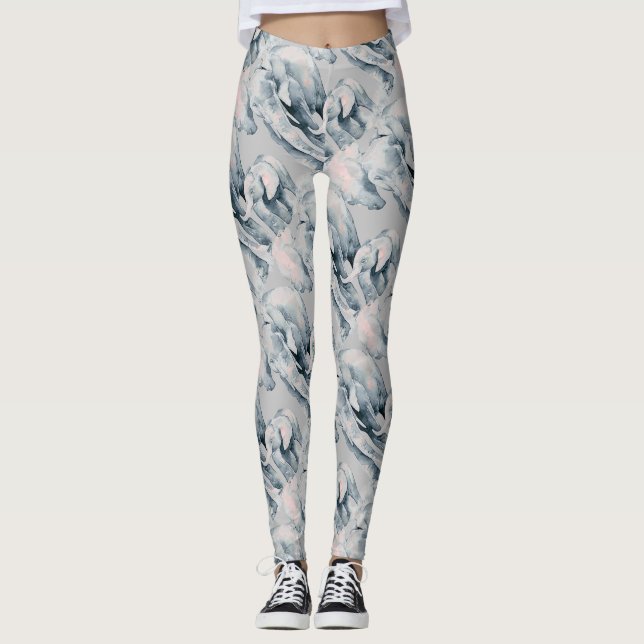 Leggings Aquarelle Fun Elephant Famille Mignonne Animal Art (Devant)