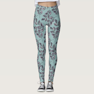 Leggings Aquarelle gris, brindilles noires sur un turquoise