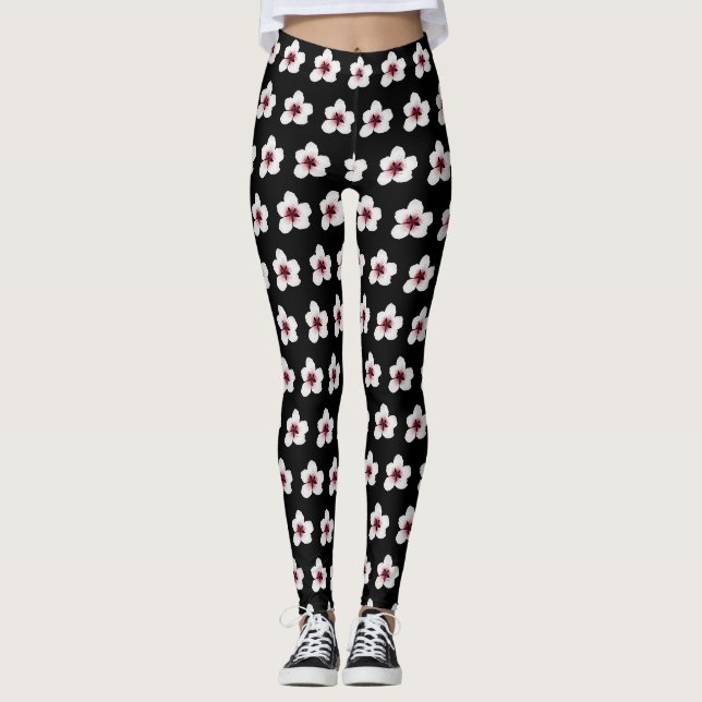 Leggings Aquarelle japonaise Sakura Blossom rose noir (Devant)