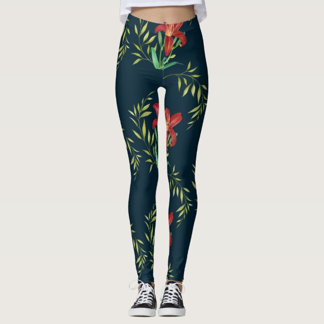 Leggings Aquarelle Orange Lily Illustration Turquoise foncé (Devant)