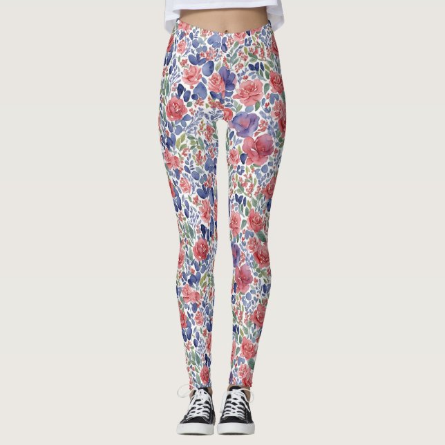 Leggings Aquarelle Pastel Rouge Et Violet Florale (Devant)
