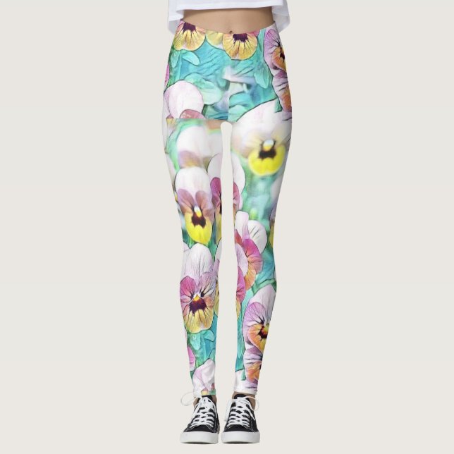 Leggings Aquarelle peinte de panneaux blancs jaune rose (Devant)