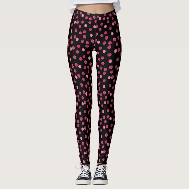 Leggings Aquarelle rose rouge cercles pois rond noir (Devant)