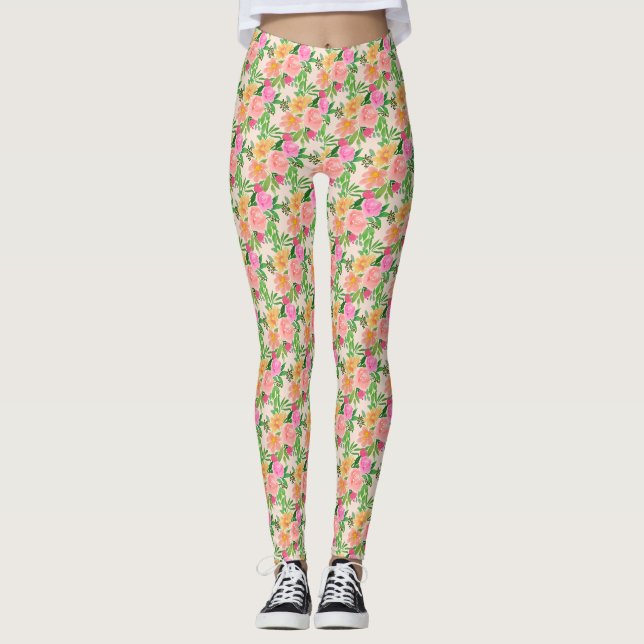 Leggings Aquarelle tendance Fleurs roses sur ivoire (Devant)