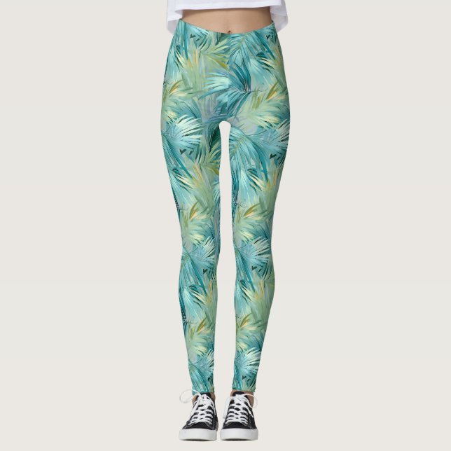 Leggings Aquarelle Tropical Blue Palm Leaf (Devant)