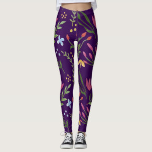 Leggings Aquarelle violette Floral noir rose bleu jaune