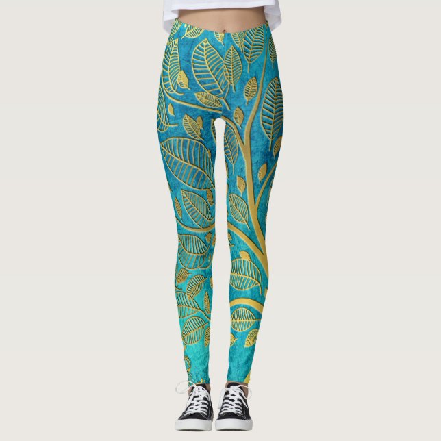 Leggings Arbre bleu et or turquoise (Devant)