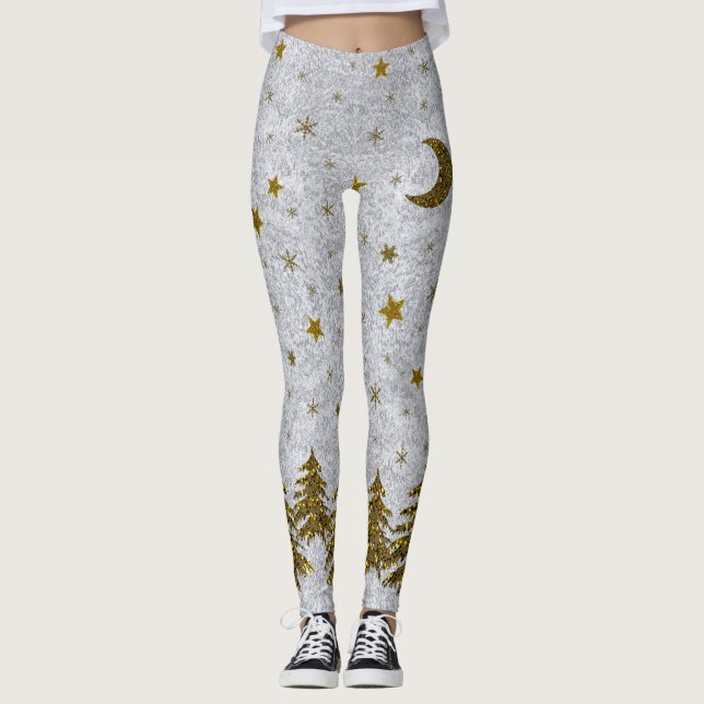 Leggings Arbre de Noël étincelant, étoiles sur papier abstr (Devant)