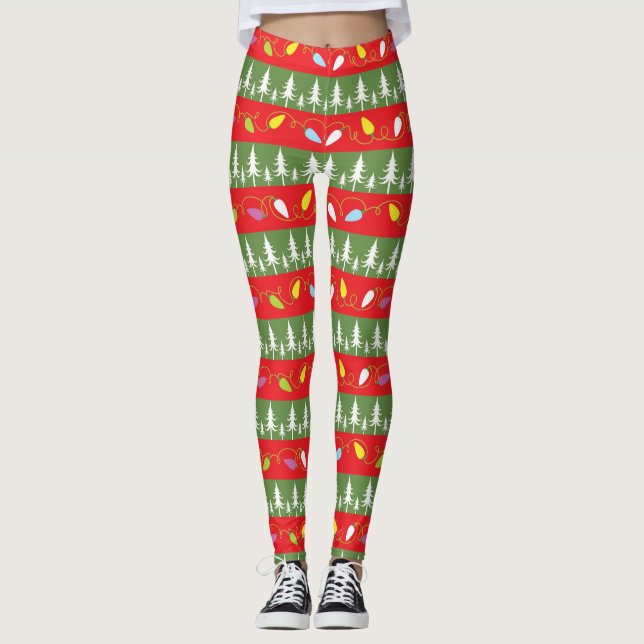 Leggings Arbre de Noël rouge et vert Lumières de Noël (Devant)