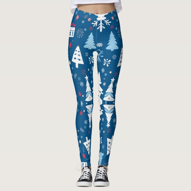 Leggings Arbres de Noël bleus et blancs et flocons de neige (Devant)