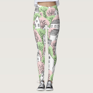 Leggings Arbres, maisons, paysage de la ville de printemps