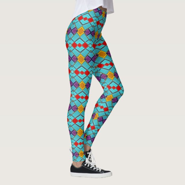 Leggings Arlequin bleu, rouge, ambre - droits géométriques (Droite)