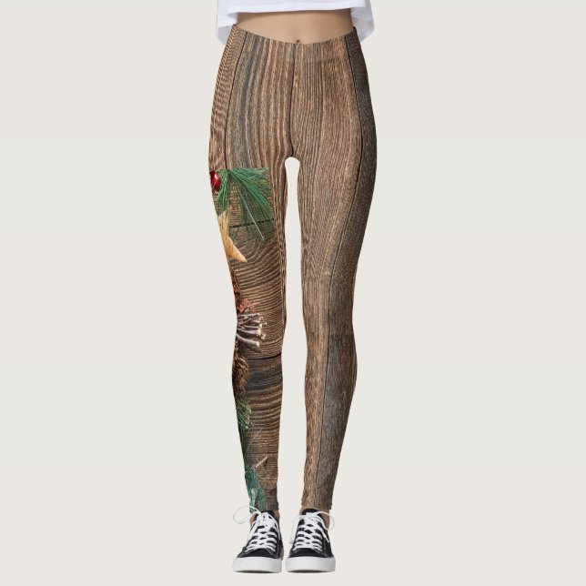 Leggings arrière - plan en bois avec cônes de pin (Devant)