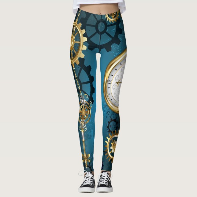 Leggings Arrière - plan turquoise à vapeur avec Gears (Devant)