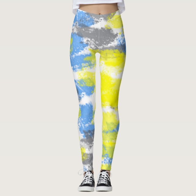Leggings Art Abstrait Bleu Blanc Jaune Gris Minimalisme (Devant)