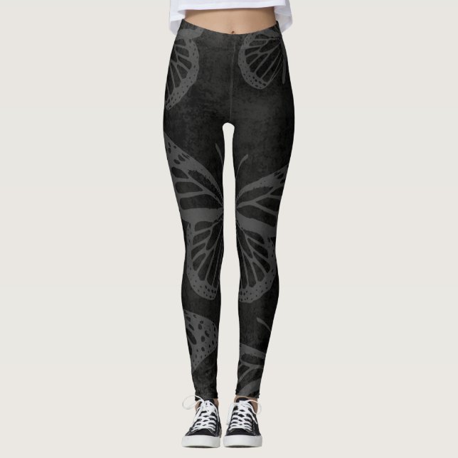 Leggings Art de la ligne papillon Monarque noir et blanc (Devant)